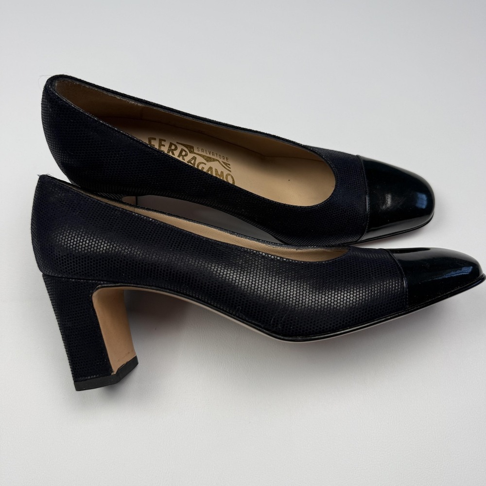 Salvatore Ferragamo Shoes Womens Size 6 Blue Patent Cap Toe Block Heel Italy